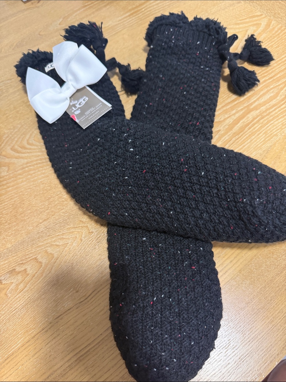 UGG Black Knit Fleece-Lined Cozy Socks with White Bow